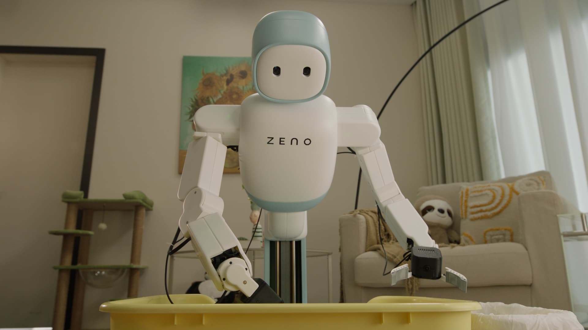 A blue Zeno robot sorting a household bin
